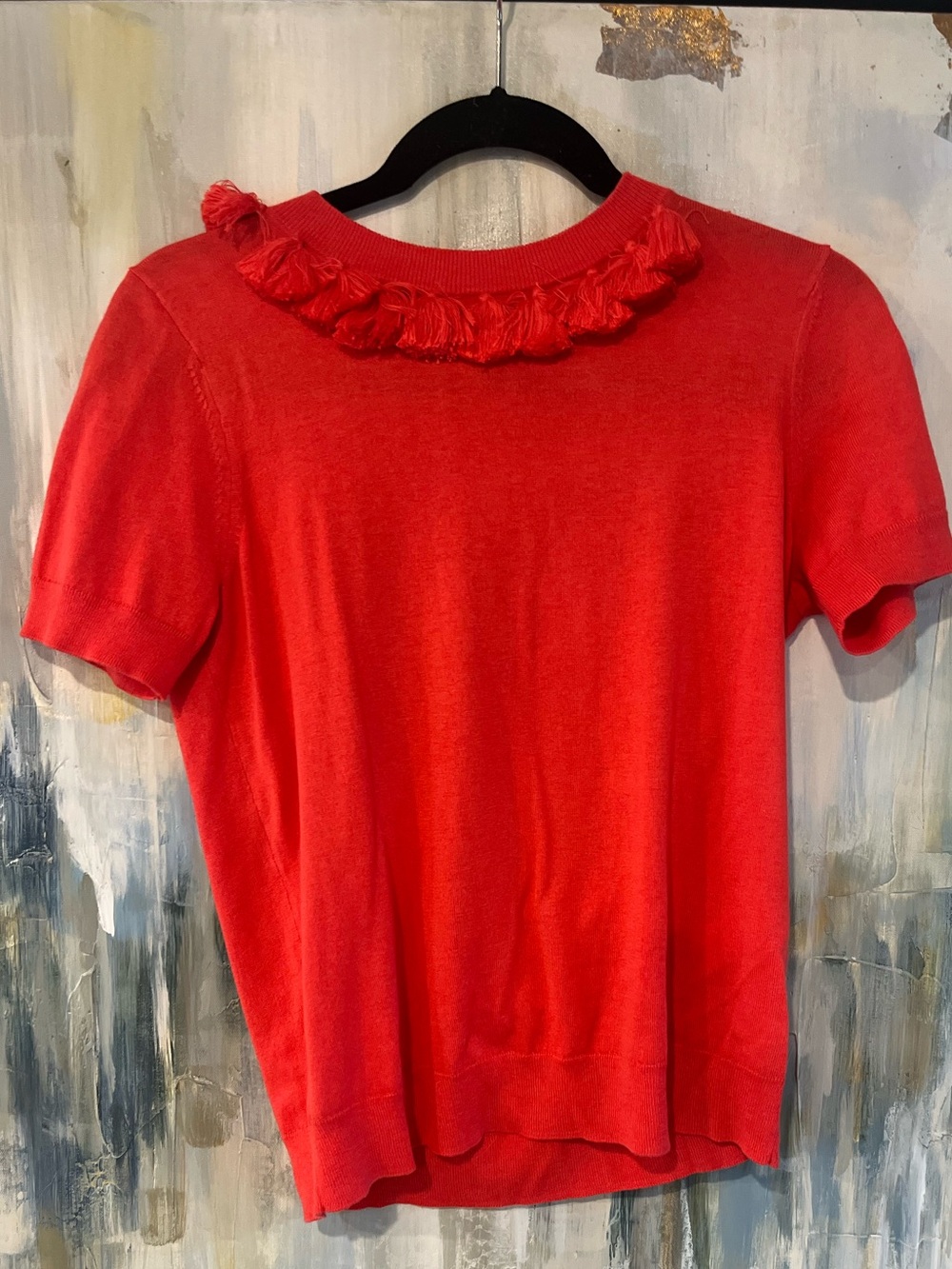 Kate Spade New York Coral Tassel Trim Short Sleeve Sweater Size Small